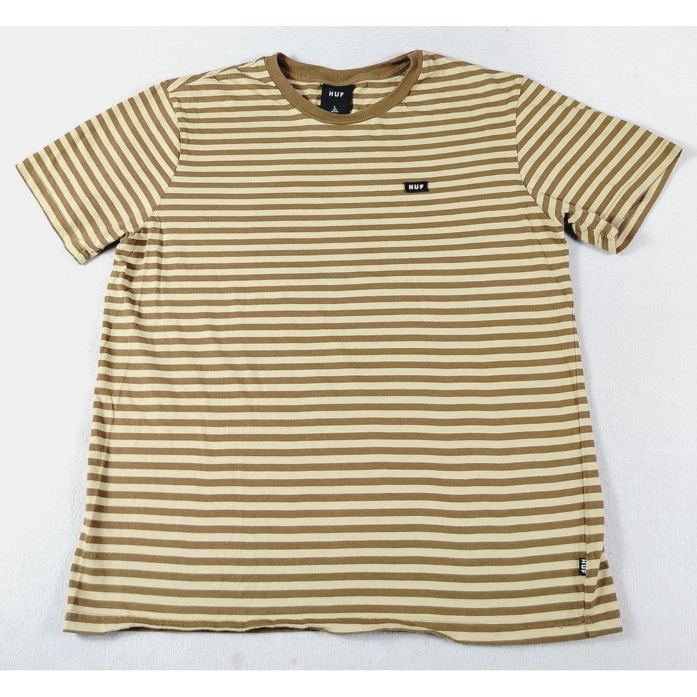HUF Shirt Mens Large Brown Striped Logo Tee Casual Skatewear Cotton Crewneck